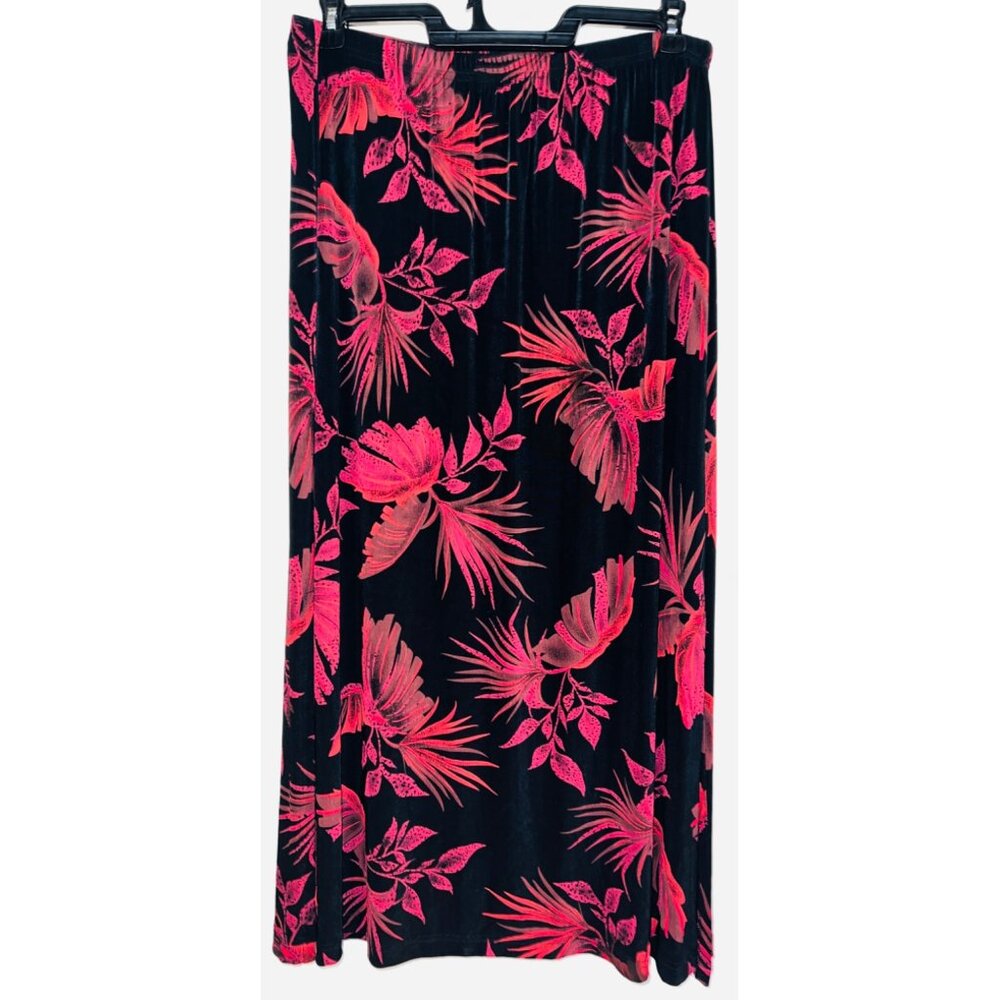 Chadwicks Red & Black Floral Midi Skirt Elastic Waist Medium 16" Side Slits - Picture 2 of 3
